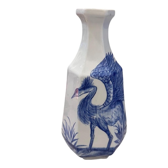 Vintage Blue White Ceramic Vase Crane Bird Asian Hand Painted Thailand